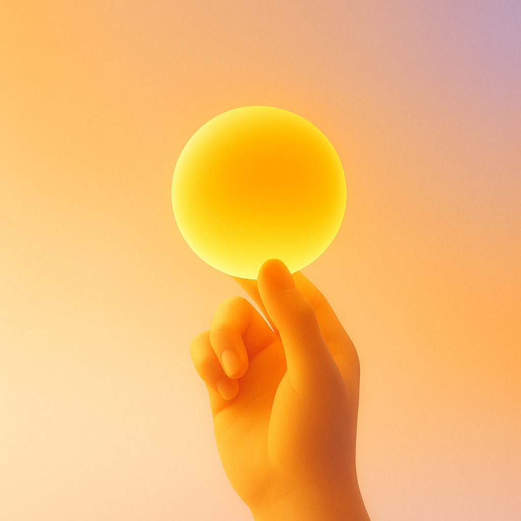Иллюстрация в мягких градиентных тонах: теплая рука держит светящийся сферический объект на фоне нежного свечения.